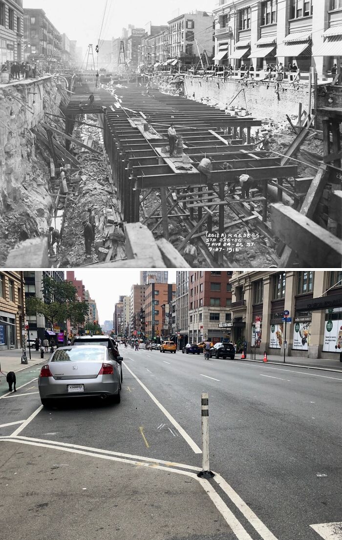 Historical and modern photos showing construction and current view of a busy New York City street with buildings and traffic.