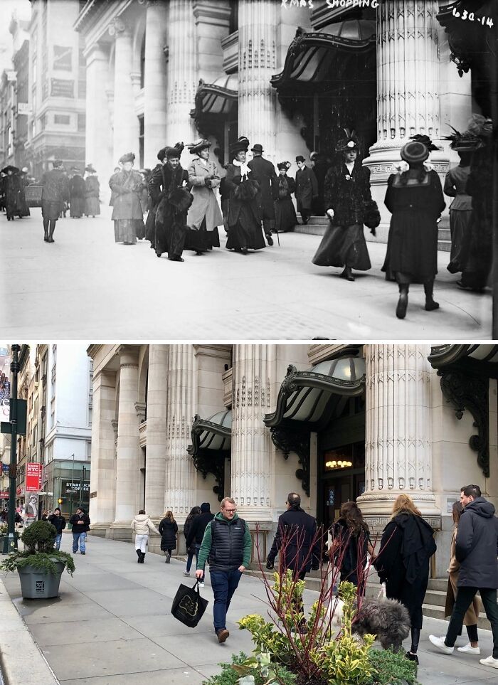 Black and white and color photos showing historical and modern New York City sidewalk with pedestrians near ornate columns.