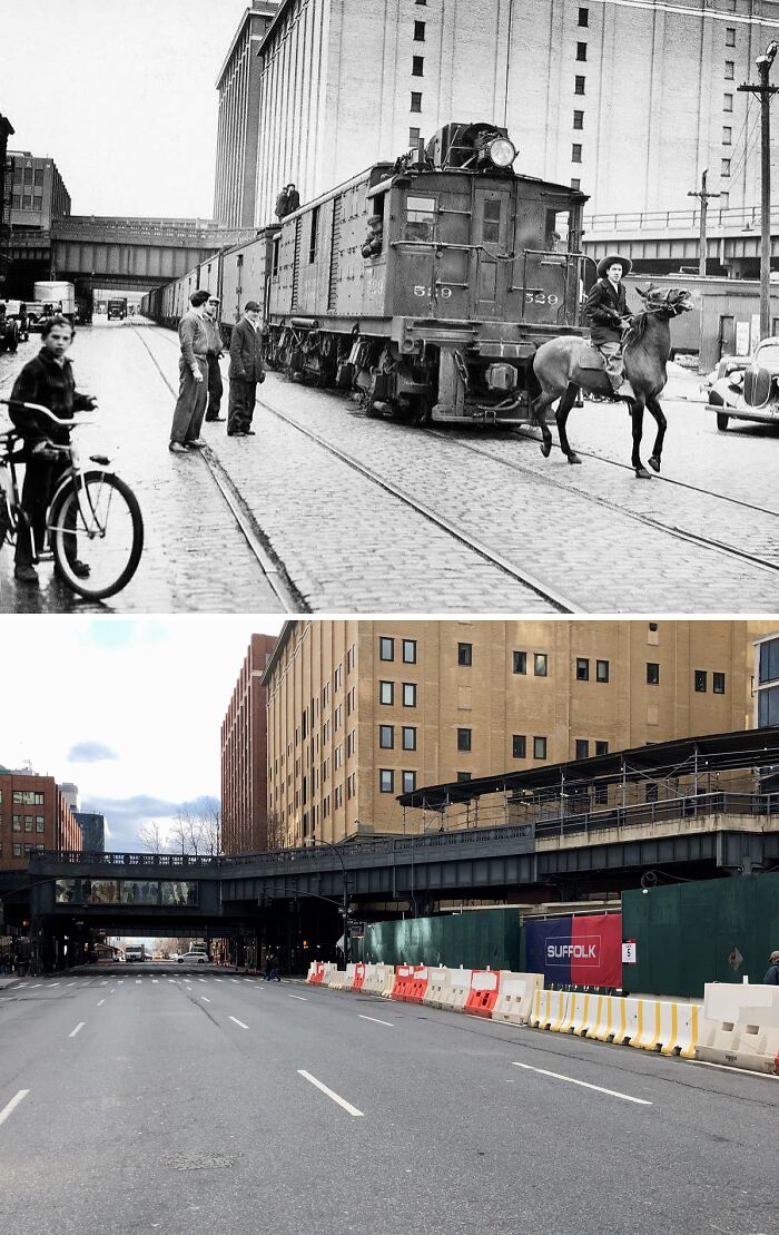 Old and modern photos showing a New York street with a train and people compared to an empty urban road.