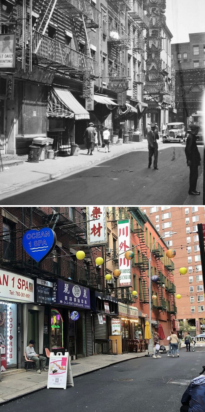 Historic and modern photos showing how New York city streets and businesses have changed over time.