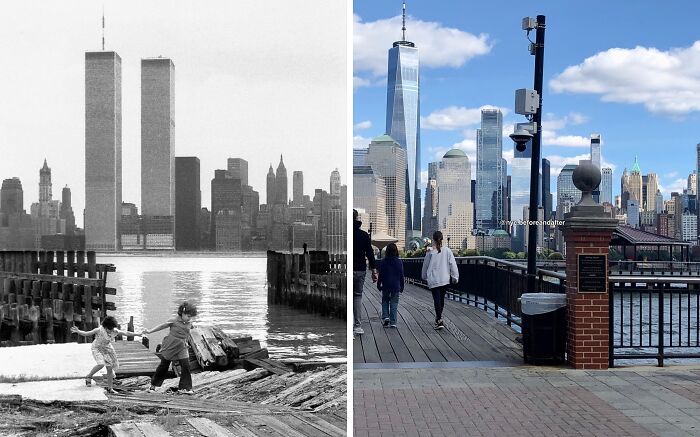 Side-by-side historical and modern photos showing New York City skyline changes including World Trade Center and One World Trade Center.