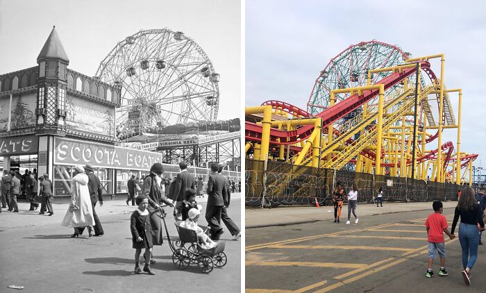 Side-by-side historical and modern photos showing changes in New York amusement park and Ferris wheel over time.