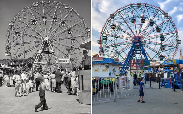 Wonder Wheel Ferris wheel at Coney Island in historical black and white photo and modern colorful photo side by side