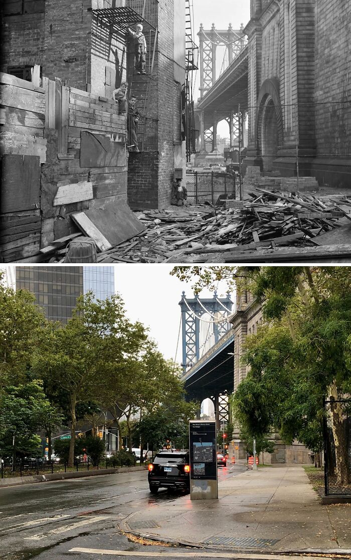 Black and white and modern color photos showing changes in New York near the Manhattan Bridge with buildings and street views.