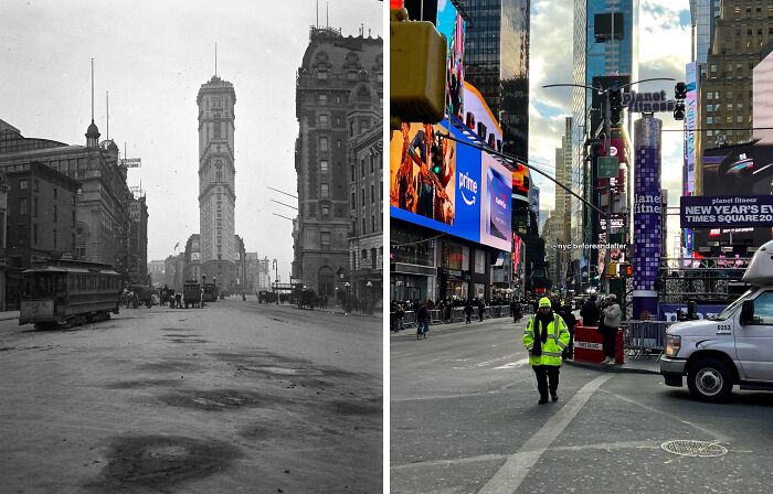 Split image showing historical and modern Times Square in New York, highlighting how the city has changed over time.