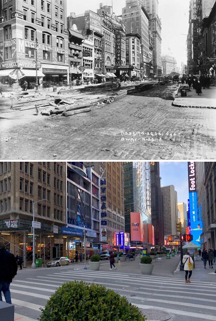 Historical and modern photos showing the transformation of New York City streets, buildings, and urban life over time.
