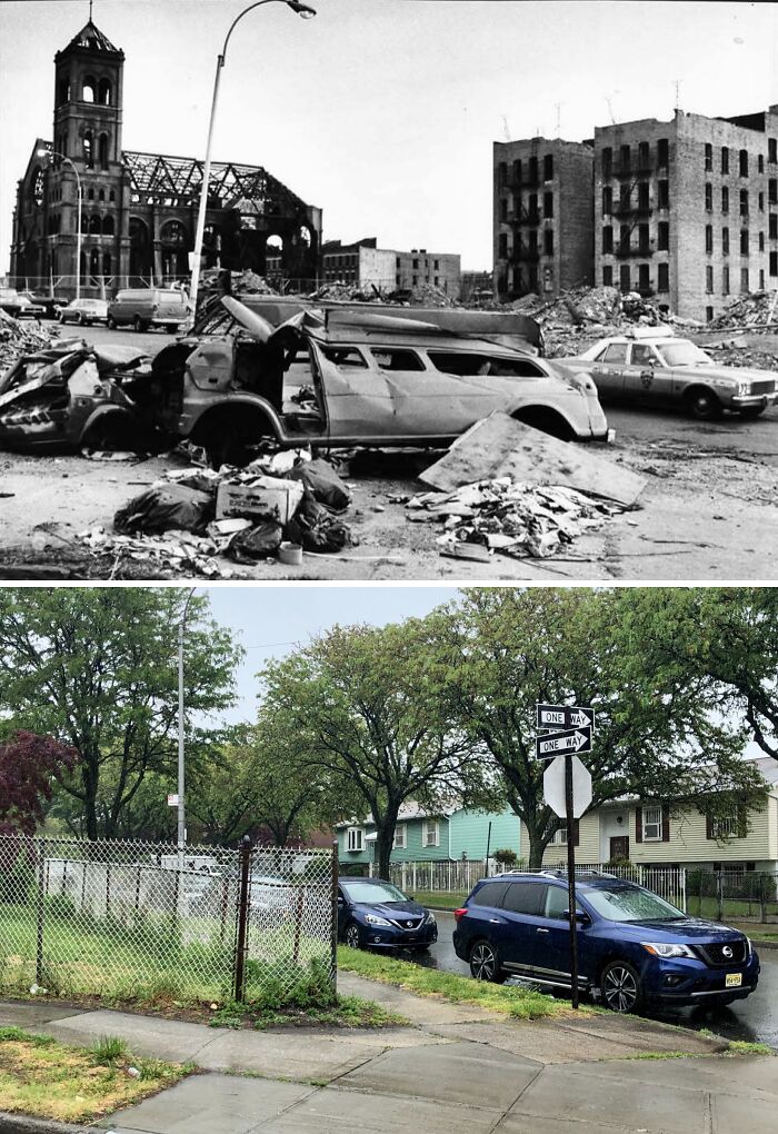 Side-by-side historical and modern photos showing how New York’s urban landscape and vehicles have changed over time.