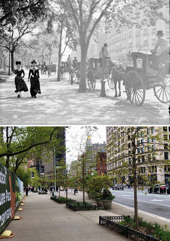 Historical and modern photos showing how New York's Madison Square has transformed over time with urban development and greenery.