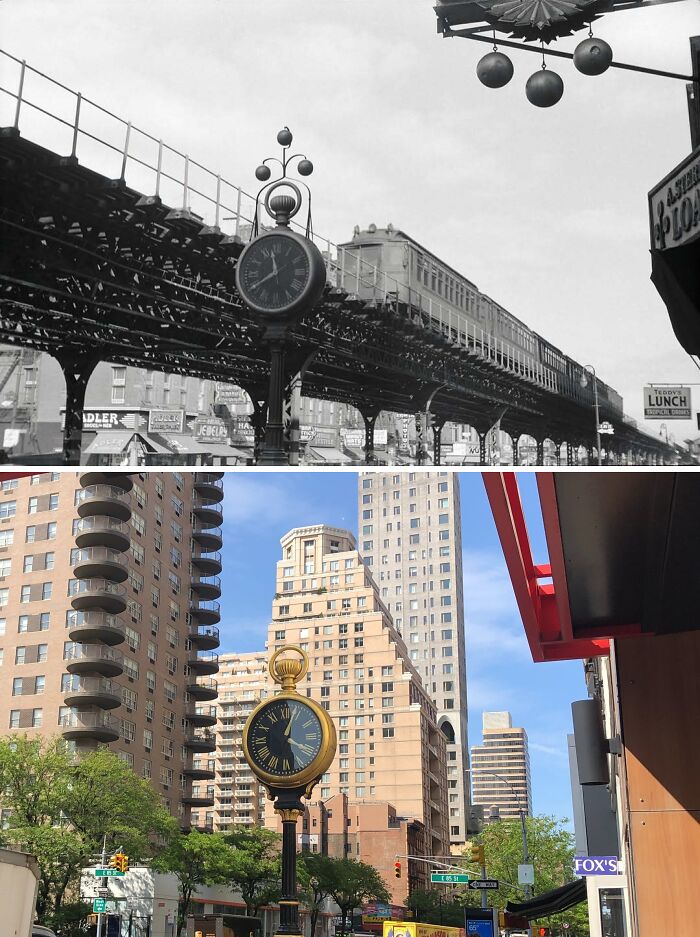Historic and modern photos showing New York's elevated train and street clocks with surrounding city buildings.