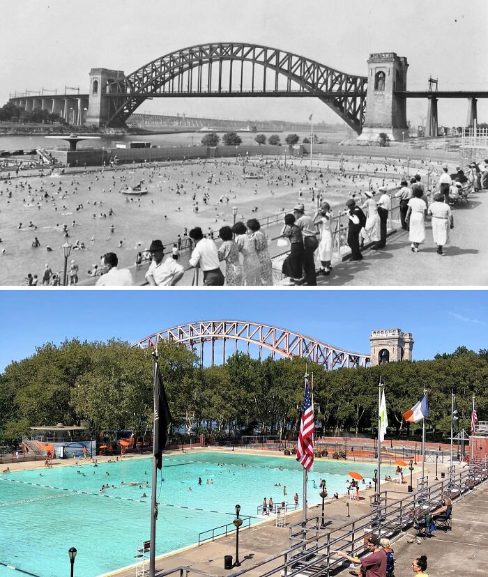 Historical and modern photos showing a New York pool and bridge with people enjoying the outdoor recreational area.