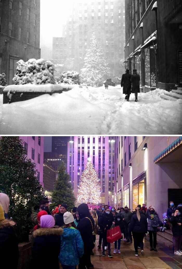 Historic and modern photos showing New York's Rockefeller Center Christmas tree and changing city atmosphere through time.