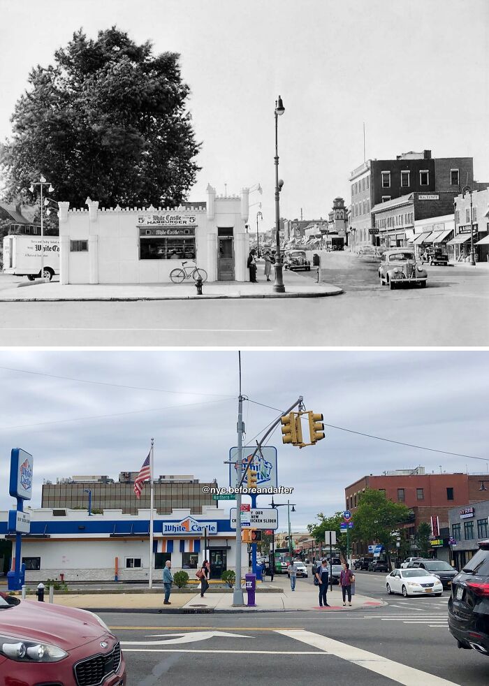 Side-by-side historical and modern photos showing changes in a New York street with White Castle restaurants and traffic.
