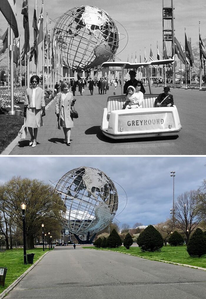 Side-by-side historical and modern photos showing the Unisphere and surrounding area in New York City park.