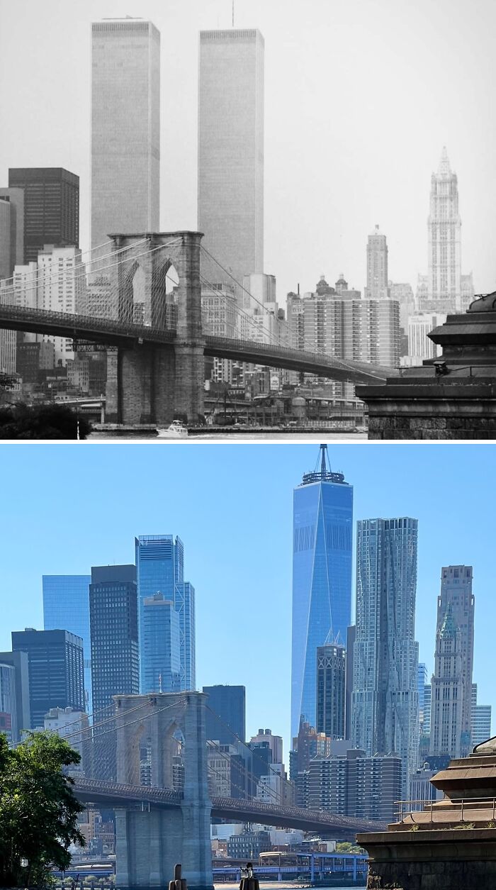 Brooklyn Bridge with historical and modern New York skyscrapers showcasing how New York has changed over time.