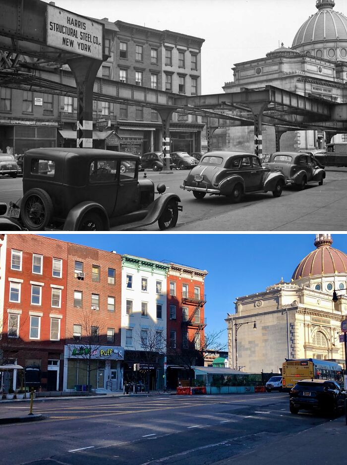 Side-by-side historical and modern photos showing how New York streets and architecture have changed over time.