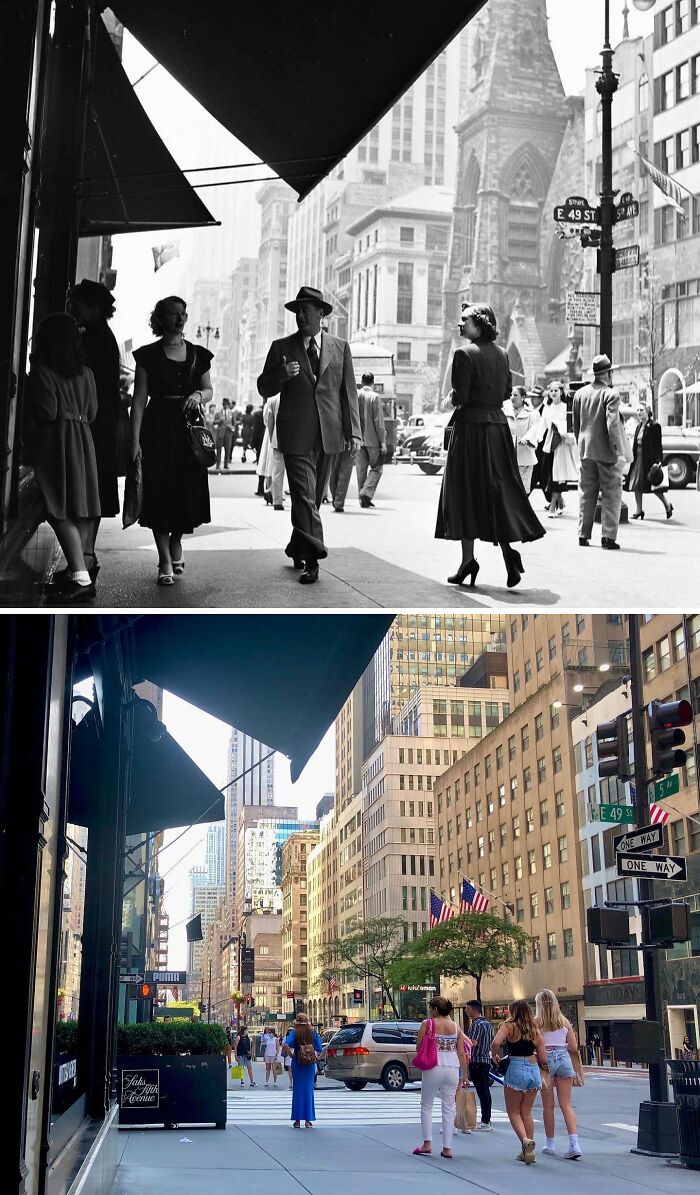 Historical and modern photos of New York street scenes showing changes in architecture, fashion, and urban life.