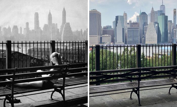 Side-by-side historical and modern photos showing New York City skyline viewed from a bench in a park.