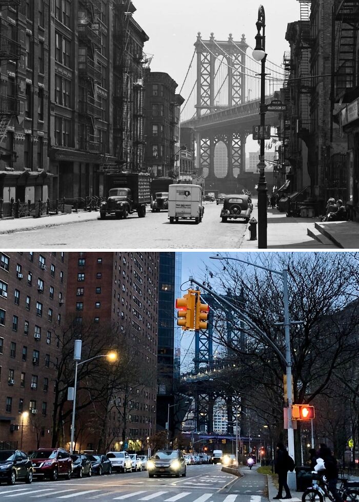 Historic and modern photos of New York street and Manhattan Bridge showing how New York has changed over time