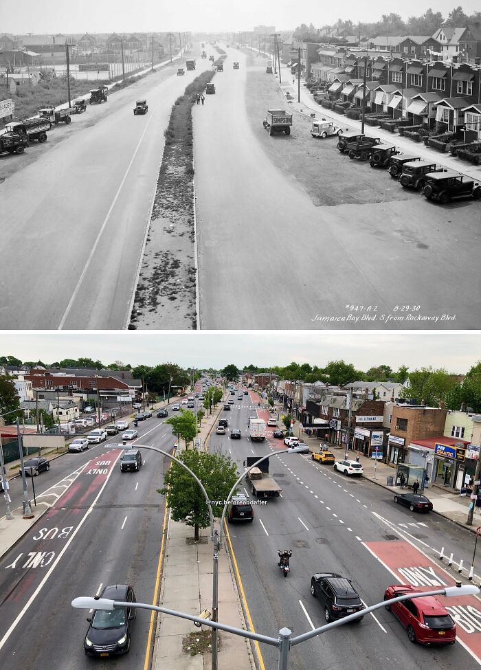 Jamaica Bay Boulevard in New York showing historical and modern photos with changed road and vehicle designs.
