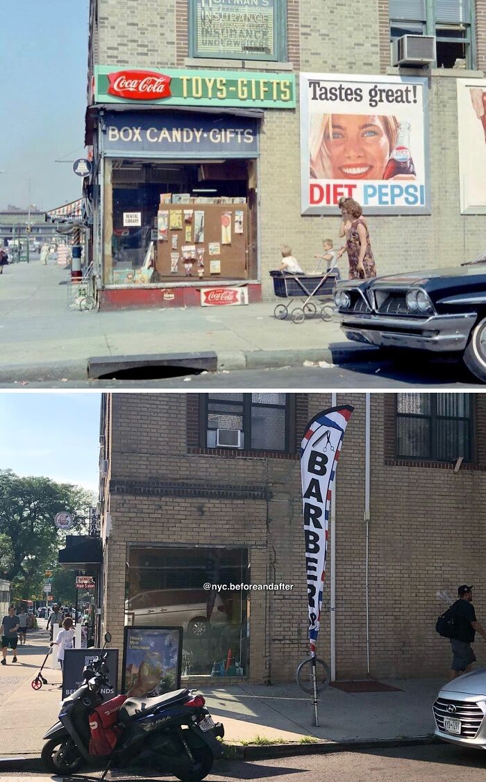 Historic and modern photos showing how New York City storefronts and street scenes have changed over time.