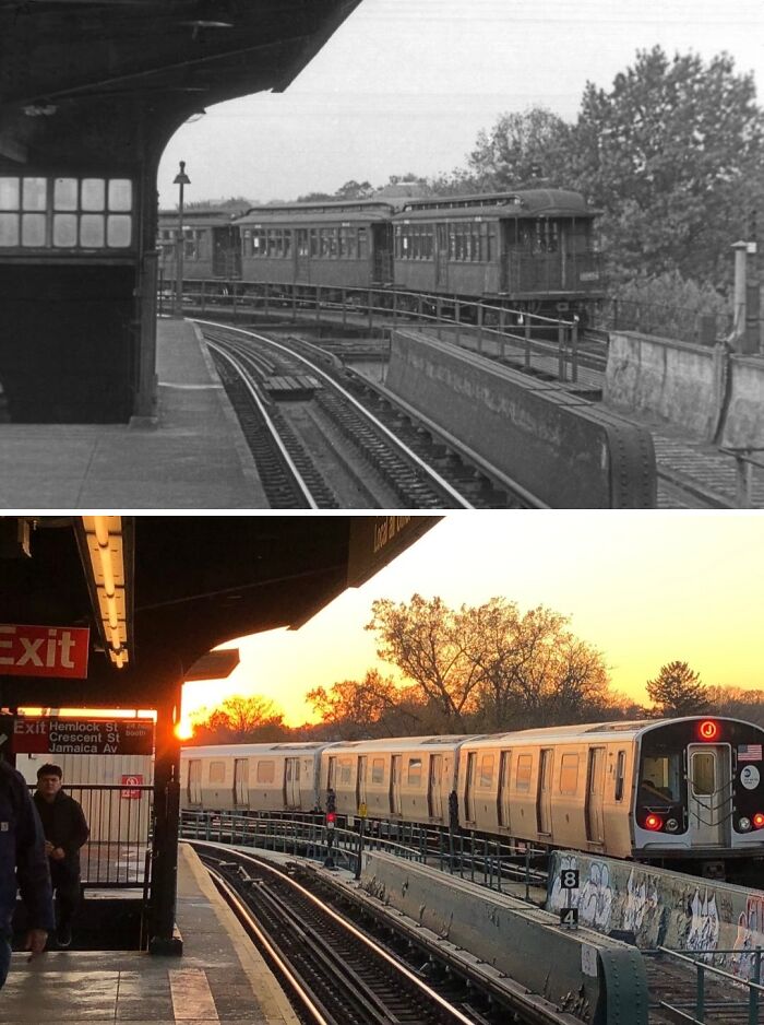 Historical and modern photos of New York subway trains show how New York has changed over time on elevated tracks.