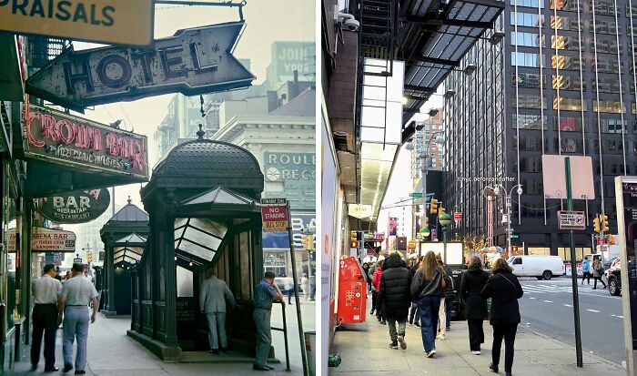 Side-by-side historical and modern photos showing how New York city streets and architecture have changed over time.
