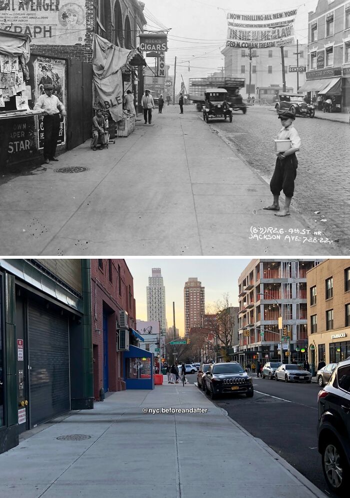 Historical and modern photos reveal how New York City streets and architecture have changed over time with urban development.