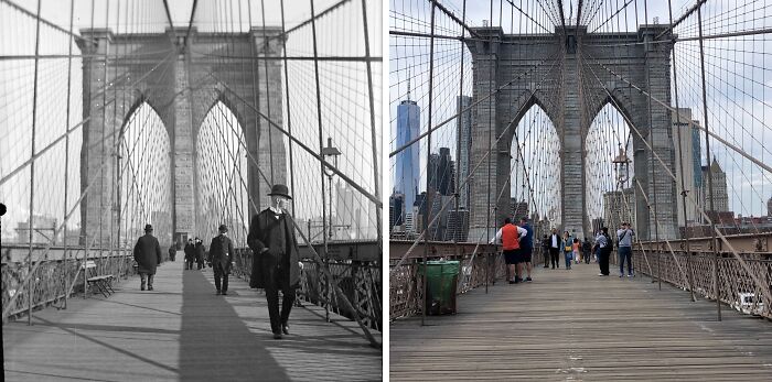 Split image showing historical and modern photos of Brooklyn Bridge, illustrating how New York has changed over time.