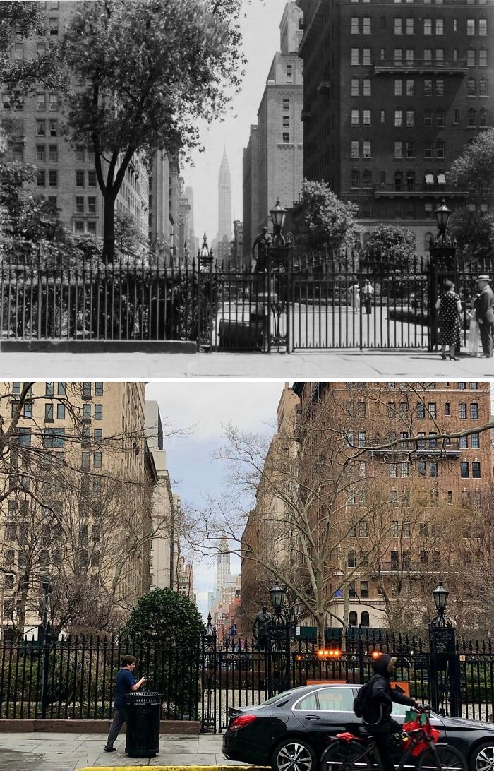 Side-by-side historical and modern photos showing New York City streetscape and changes in urban environment over time