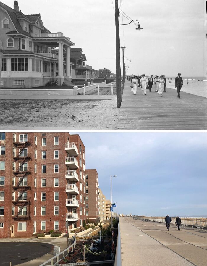 Historical and modern photos of New York beachfront boardwalk showing changes in architecture and public spaces over time