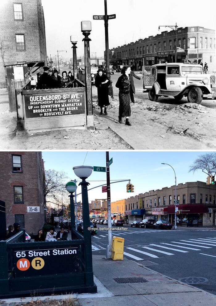 Side-by-side historical and modern photos showing New York subway entrance and street at 65th Street Station.