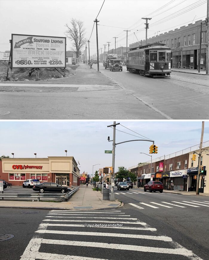 Historic and modern photos side by side showing how New York streets and buildings have changed over time.