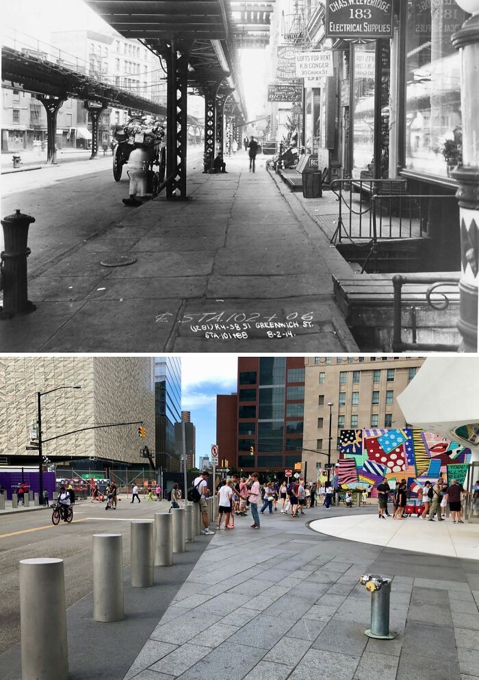Historical and modern photos showing changes in New York streets, architecture, and urban life over time