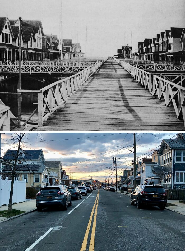 Split image showing historical wooden boardwalk with houses and modern New York street with cars and houses, illustrating change over time.