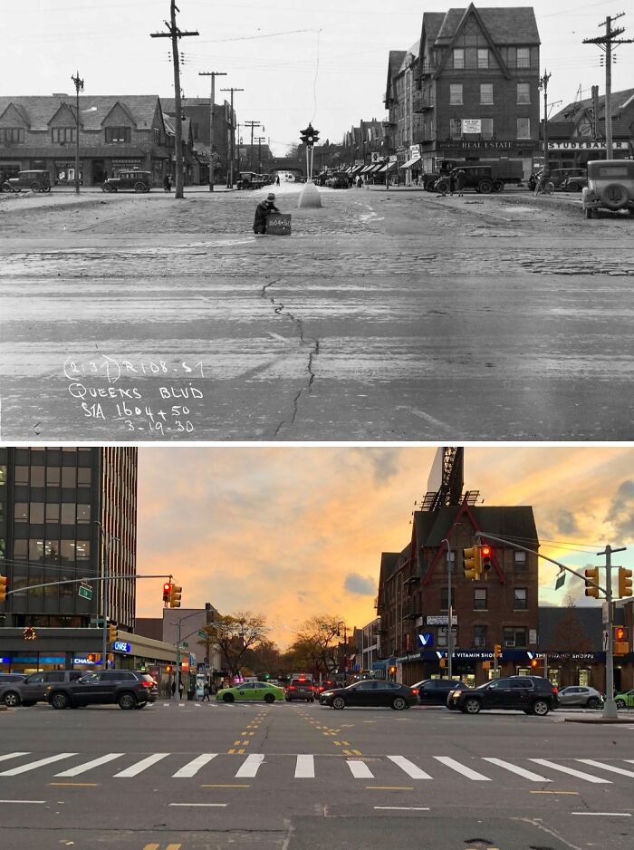 Historical and modern photos showing street and buildings on Queens Boulevard revealing how New York has changed.