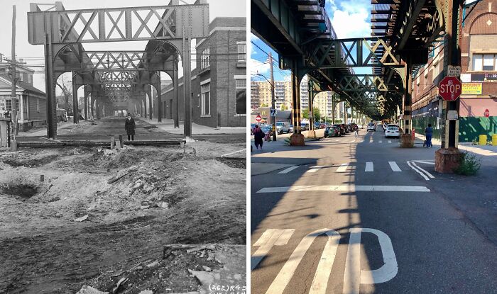 Split image showing historical and modern New York under elevated train tracks, highlighting changes in urban development and infrastructure.