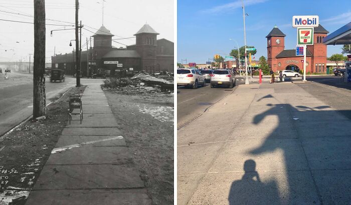 Split image showing historical and modern photos revealing how New York city streets and buildings have changed over time.