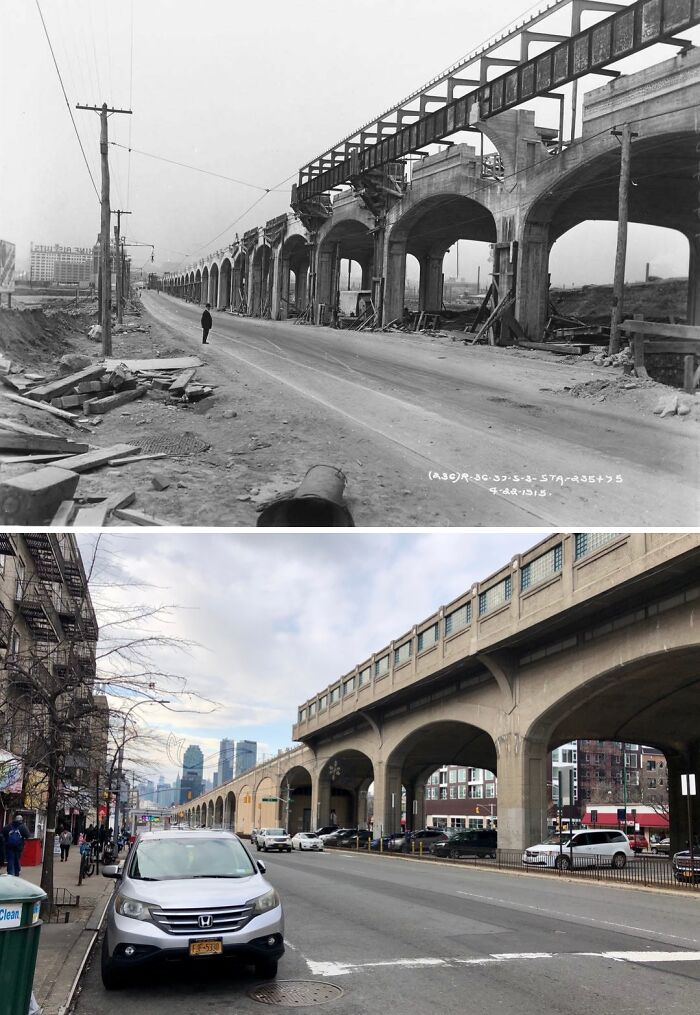 Historic and modern photos showing the architectural evolution of a New York street with an elevated railway bridge.
