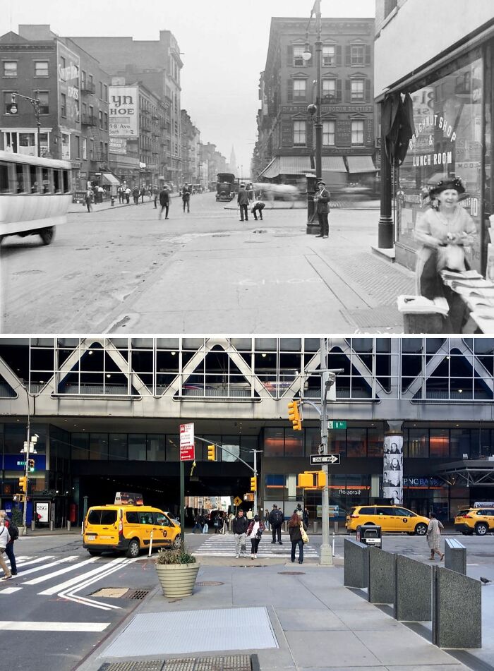 Historical and modern photos showing how New York city streets and architecture have changed over time.