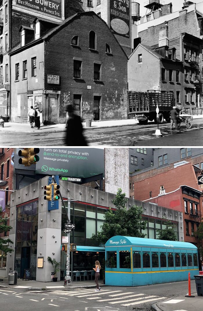 Historic and modern photos showing the transformation of New York City streets and architecture over time.
