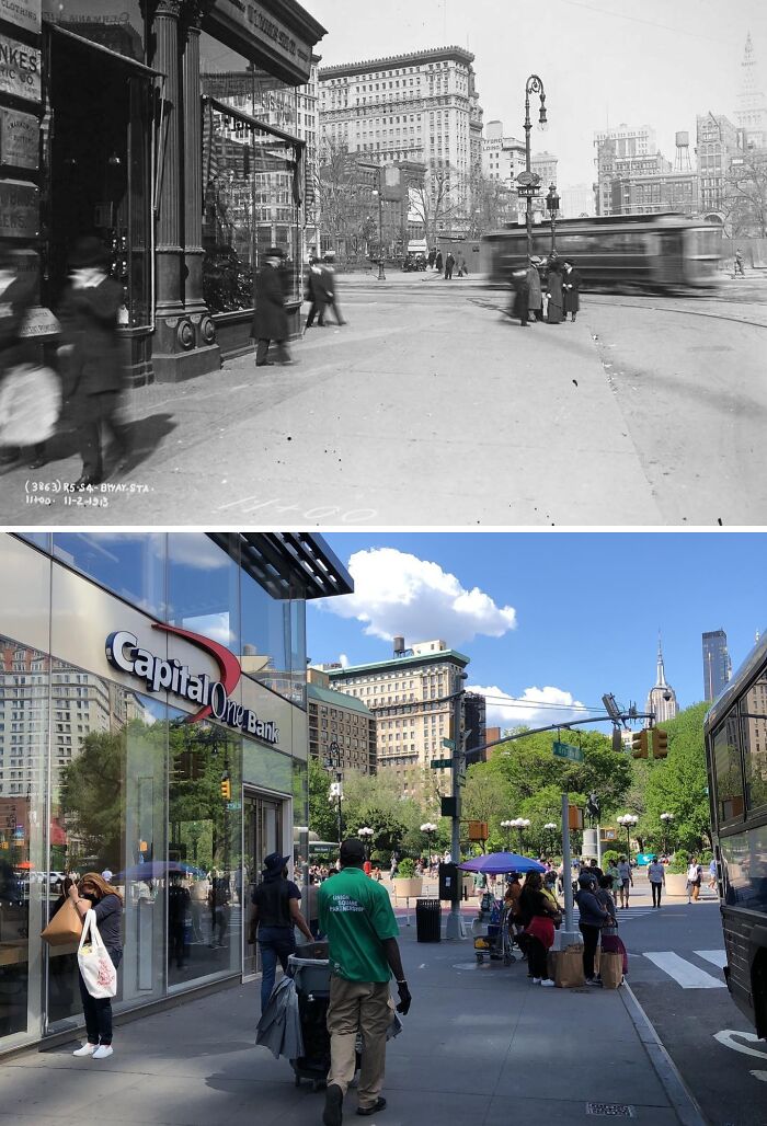 Historical and modern photos showing New York City streets, buildings, and daily life changes over time.