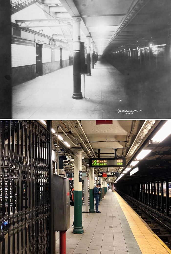 New York subway station platform comparison showing historical and modern changes over time in New York transit system