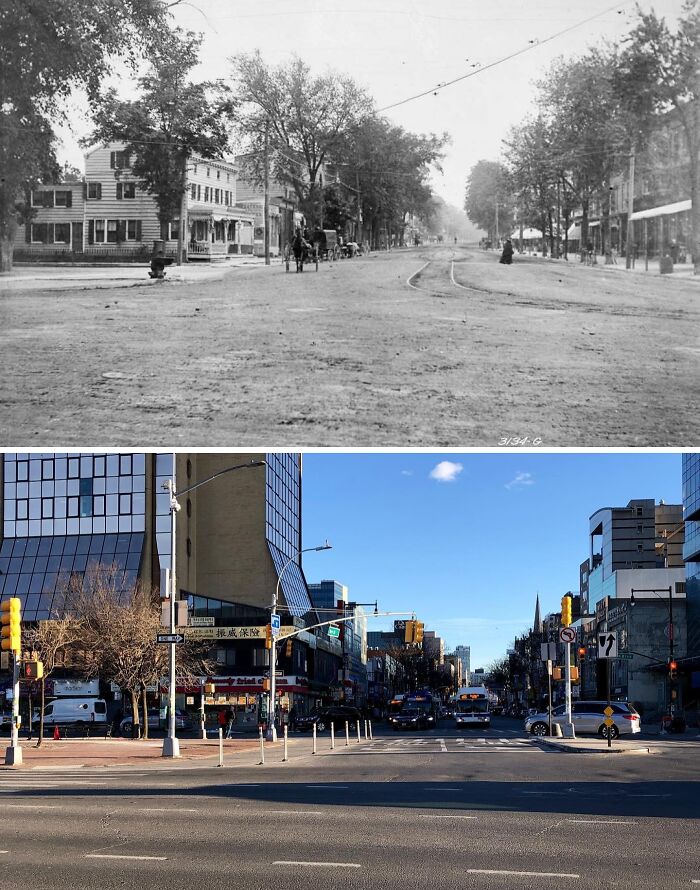Historical and modern photos showing the transformation of New York streets from dirt roads to busy urban intersections.