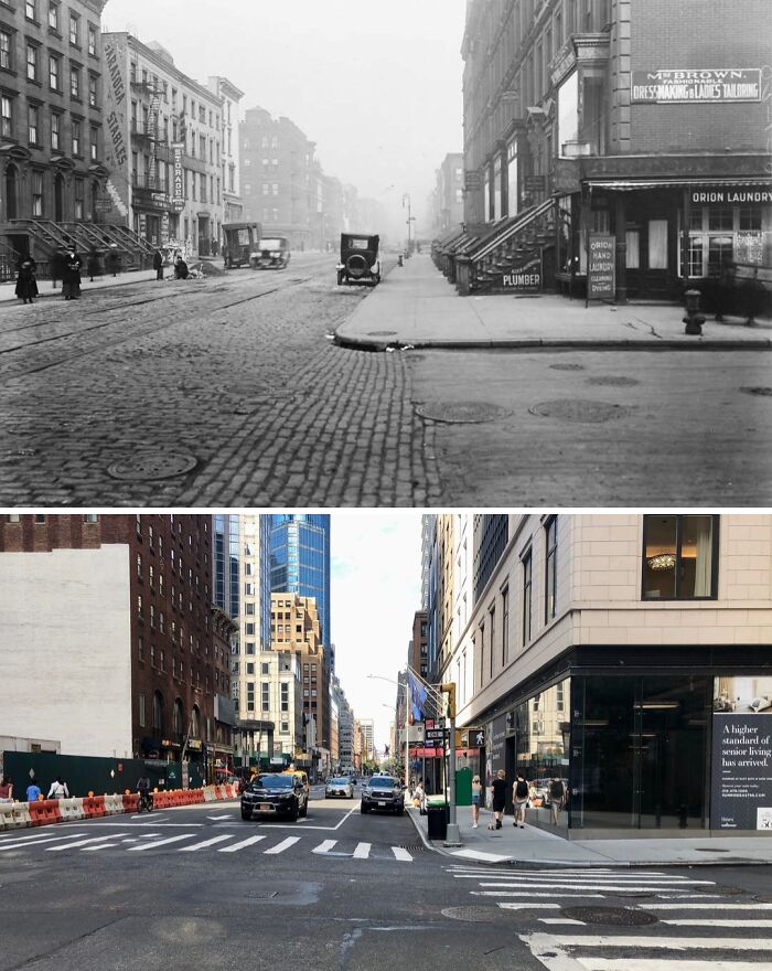 Historical and modern photos showing New York street transformation with old cobblestones and modern buildings and traffic.