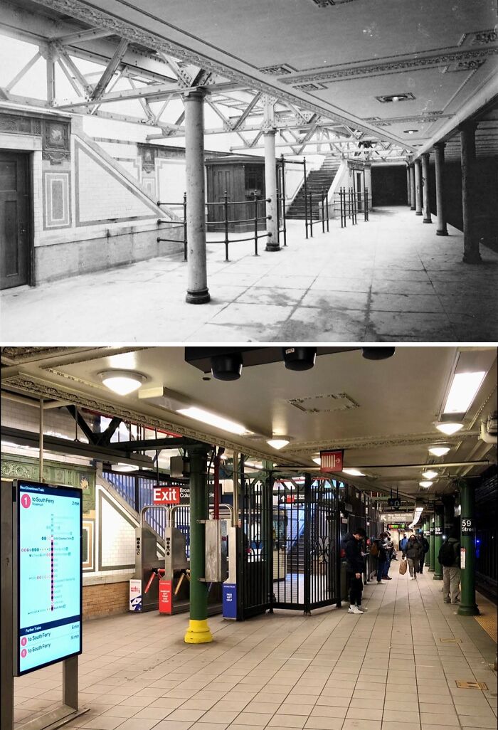 Old and modern photos comparing New York subway station interiors showing architectural and design changes over time.