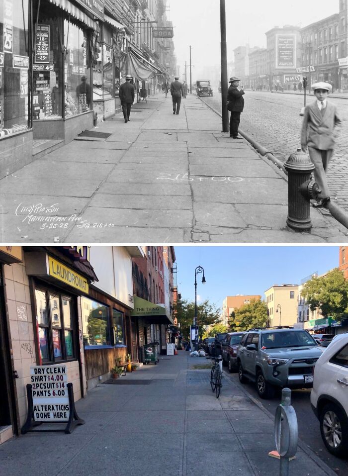 Historical and modern photos showing street views and daily life changes in New York city over time.