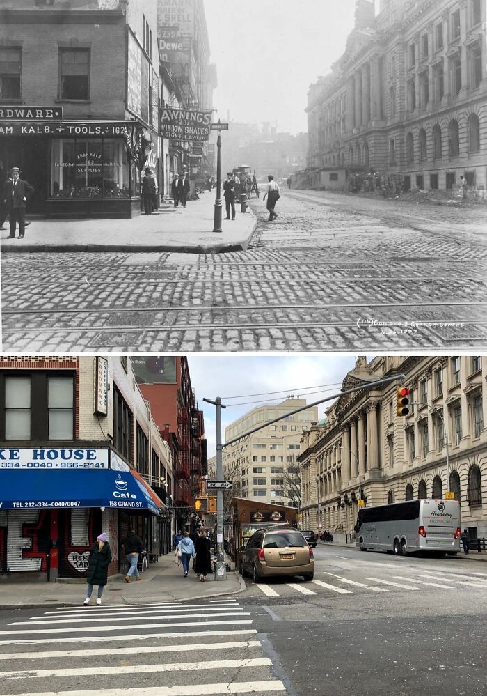 Side-by-side historical and modern photos showcasing New York street changes and urban development over time.