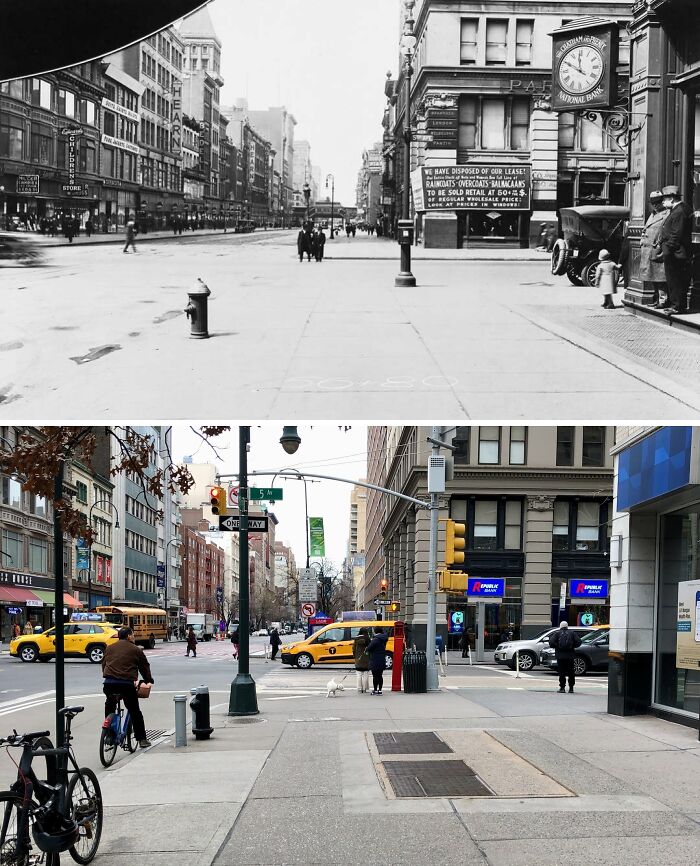 Historic and modern New York street views showing the evolution of city life, architecture, and transportation over time.