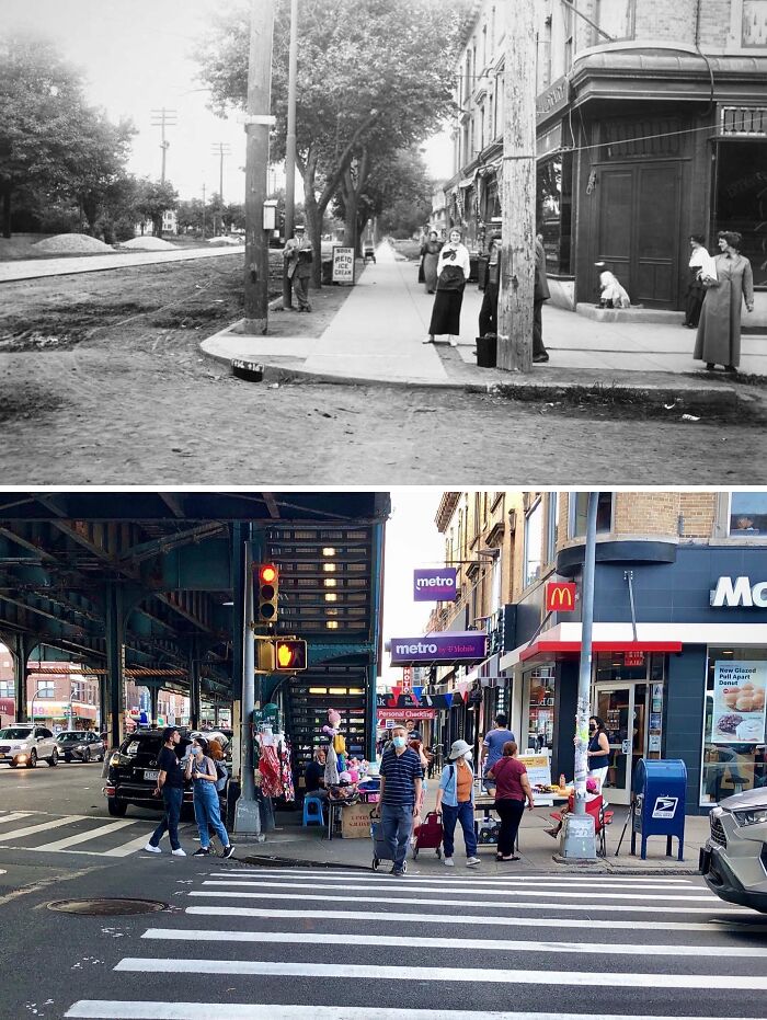 Split image of New York street scenes showing historical and modern photos revealing how New York has changed over time.