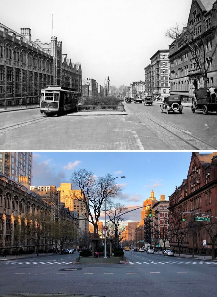 Historic and modern photos showing streetcars and cars on a New York street highlighting changes over time.